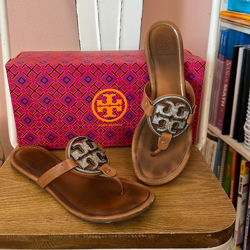 Authentic Tory Burch Metal Miller Embellished Sandal calf Leather tan size 8